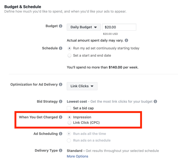 Kiat untuk menurunkan biaya Iklan Facebook Anda, opsi dikenakan biaya melalui tayangan atau dengan klik tautan (BPK)