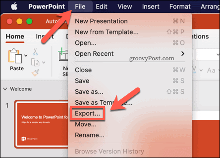 Mengekspor presentasi PowerPoint sebagai video di Mac