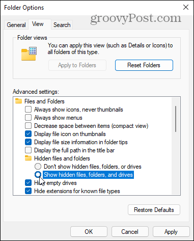 opsi folder menunjukkan OK yang tersembunyi