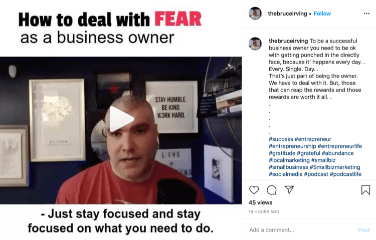 Bruce Irving Instagram memposting tentang bagaimana menghadapi ketakutan sebagai pemilik bisnis