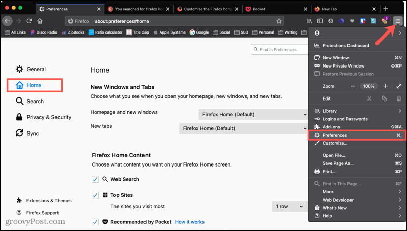 Beranda Preferensi Firefox di Mac