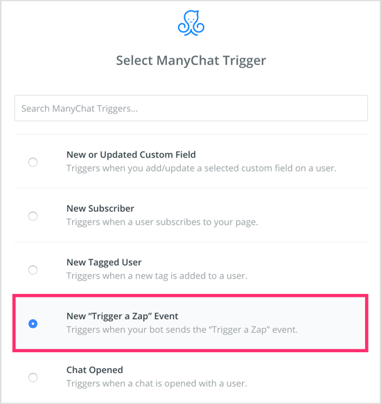 Pilih Peristiwa "Trigger a Zap" Baru sebagai pemicu di Zapier.