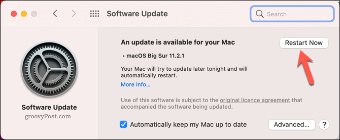 Memulai ulang Mac untuk memulai pembaruan sistem