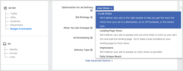 Pilih Klik Tautan dari daftar drop-down Optimasi untuk Pengiriman Iklan ketika Anda mengatur iklan Facebook Anda.