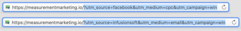 contoh url dengan tag utm yang dikodekan dengan bagian utm dari url yang disorot menunjukkan facebook / cpc dan infusionsoft / email sebagai parameter untuk kampanye menang