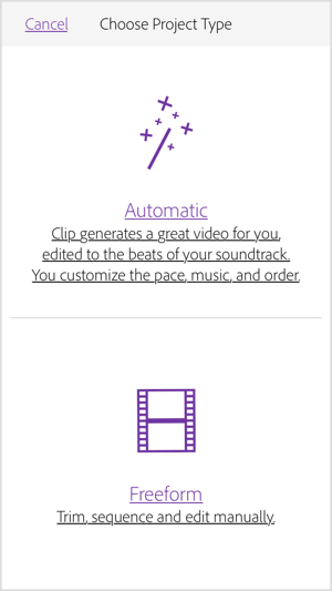 Pilih Otomatis agar Adobe Premiere Clip membuat video untuk Anda.