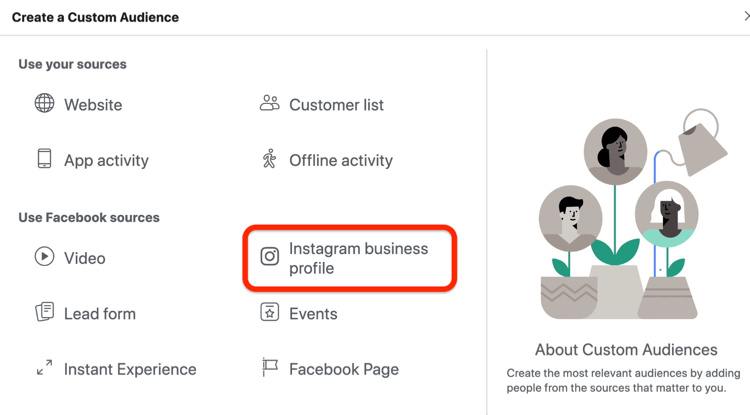 Opsi Profil Bisnis Instagram dipilih dalam kotak dialog Buat Audiens Kustom