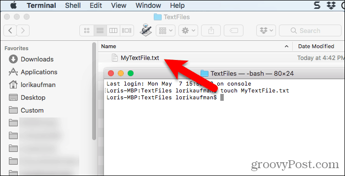 File teks dibuat menggunakan perintah sentuh di Terminal pada Mac