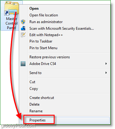 Tangkapan layar Windows 7 - klik kanan pintasan dan masuk ke properti
