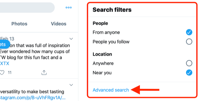 tangkapan layar yang menunjukkan tautan pencarian lanjutan di kotak filter pencarian twitter