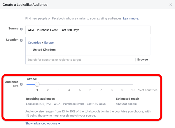 Pilihan ukuran audiens saat membuat audiens Facebook Lookalike dari audiens kustom Anda.