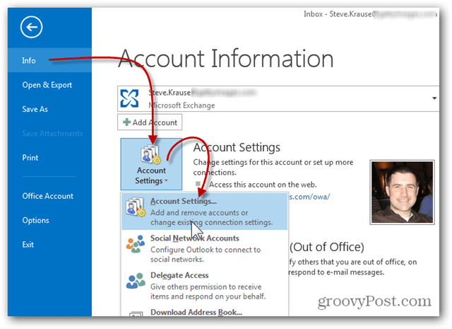 Tambahkan Kotak Surat Outlook 2013 - Klik Pengaturan Akun Info