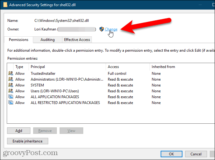 Klik Ubah untuk Pemilik pada kotak dialog Pengaturan Keamanan Tingkat Lanjut di Windows Registry Editor