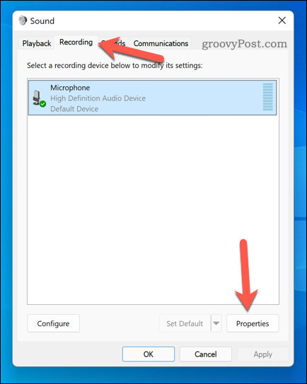 Membuka menu properti mikrofon di Windows 11