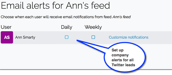 Di Leadfeeder, atur pemberitahuan email untuk prospek baru yang datang dari Twitter.