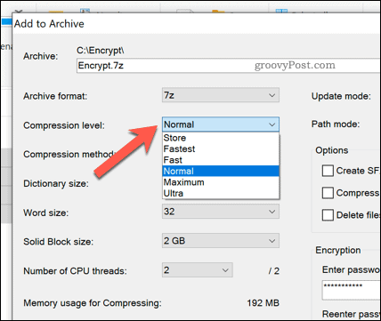Opsi kompresi file untuk file arsip 7zip di Windows 10