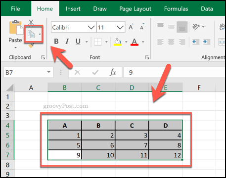 Menyalin sel dari Excel sebagai tabel