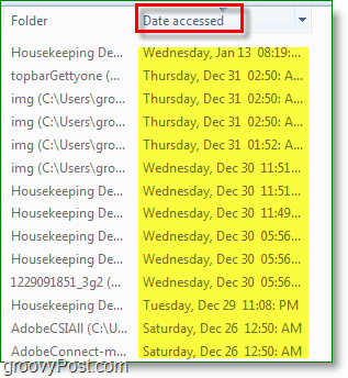 Tangkapan layar Windows 7 - menggunakan tanggal yang diakses dalam pencarian.
