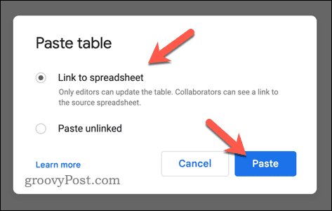 Menempelkan data Google Spreadsheet di Google Dokumen