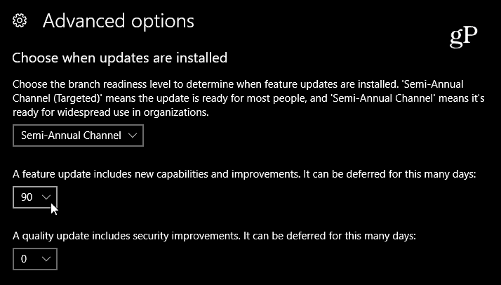 Pilih penundaan Pembaruan Fitur Windows 10