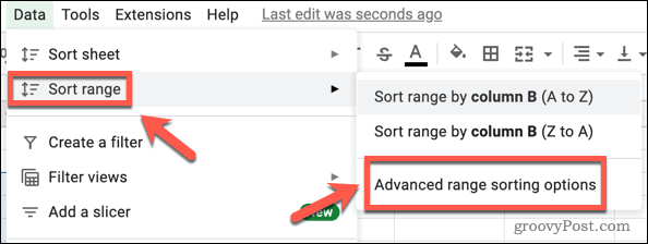 Membuka menu penyortiran lanjutan di Google Spreadsheet