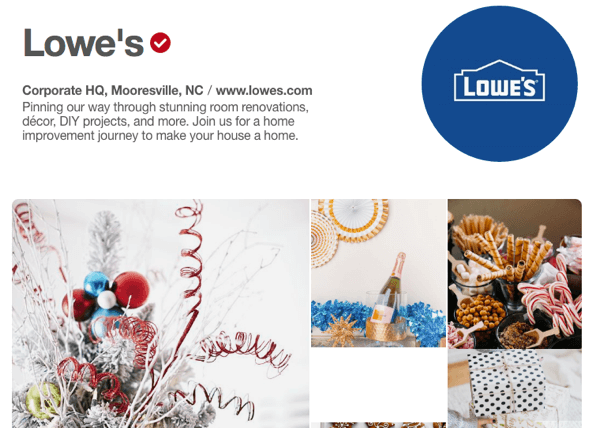 Lowe's memiliki contoh pajangan Pinterest yang menampilkan materi promosi dan bermanfaat.