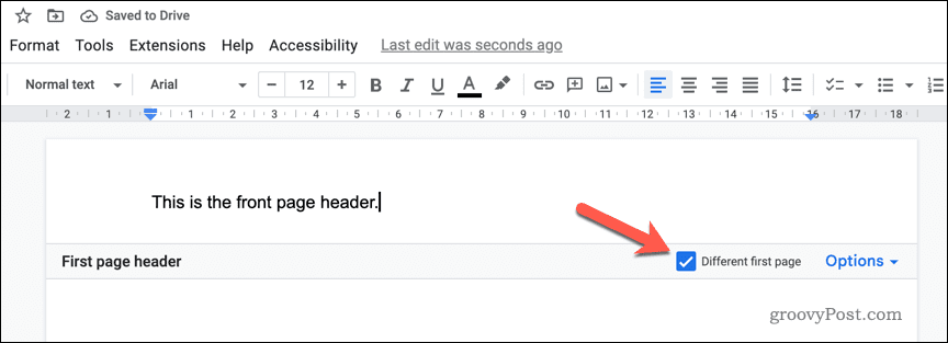 Mengaktifkan header hanya halaman depan di Google Docs
