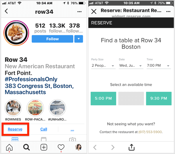 Klik tombol Pesan tindakan di profil bisnis Instagram restoran ini untuk membuat reservasi. 
