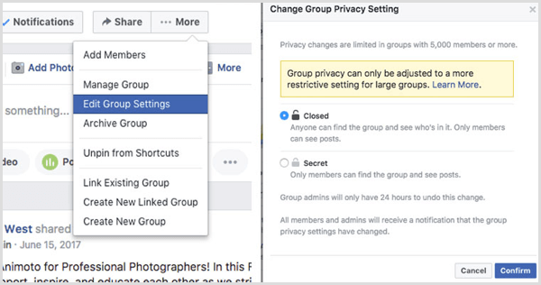 Grup Facebook mengubah pengaturan privasi