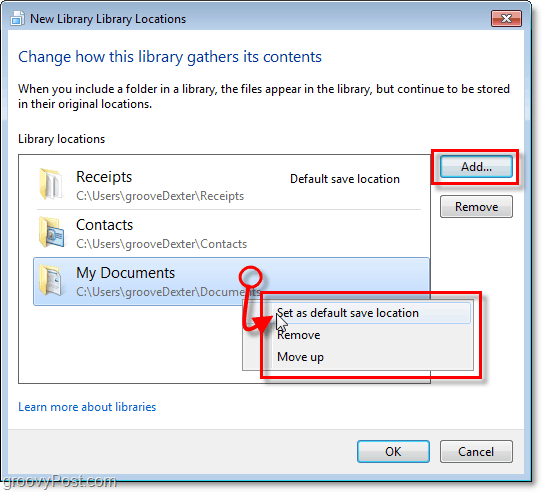 Tambahkan folder perpustakaan baru atau tetapkan folder saat ini sebagai lokasi default