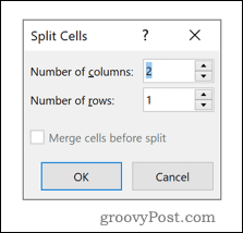 Menu opsi Word Split Cells