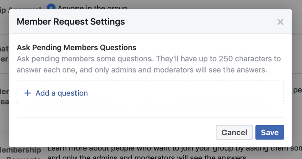 Cara meningkatkan komunitas grup Facebook Anda, contoh pengaturan permintaan anggota grup Facebook memungkinkan untuk pertanyaan anggota baru
