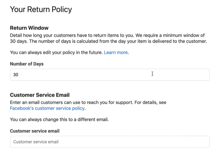 contoh screenshot kebijakan pengembalian toko facebook dan email layanan pelanggan yang mungkin tersedia