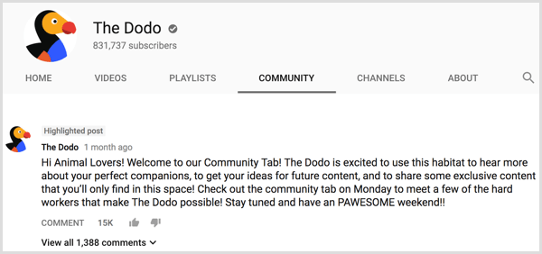 Postingan intro tab Komunitas saluran YouTube