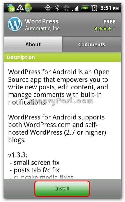 Wordpress di layar instal Android
