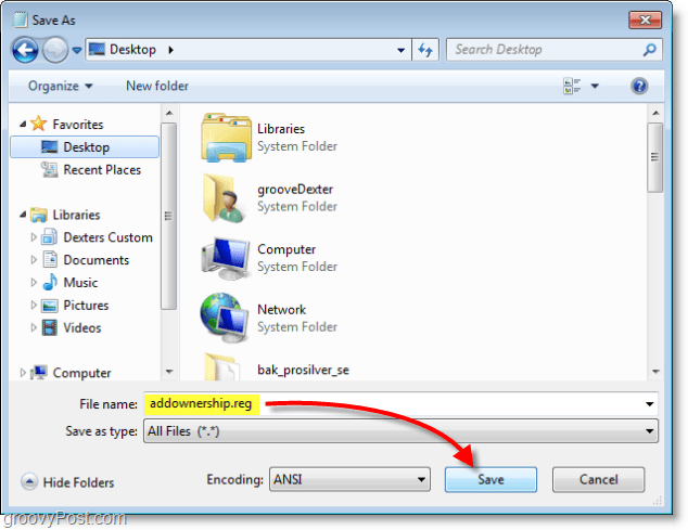Tangkapan layar Windows 7 - simpan sebagai addownership.reg