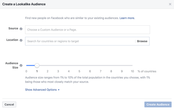 Pilihan untuk membuat 1% pemirsa yang mirip untuk iklan Facebook Anda.