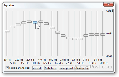 foobar2000 equalizer bar desibel dB auto level load save telah disetel