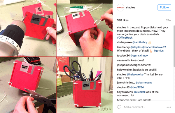 Kolase foto Instagram oleh Staples ini menunjukkan cara cerdas untuk mengubah disket menjadi aksesori meja.