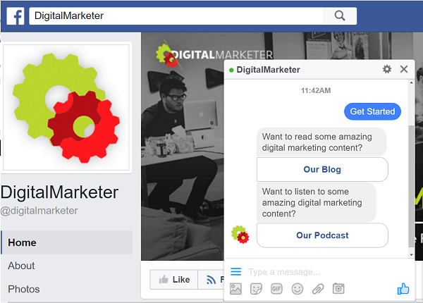 DigitalMarketer menggunakan bot ManyChat untuk berinteraksi melalui Facebook Messenger.