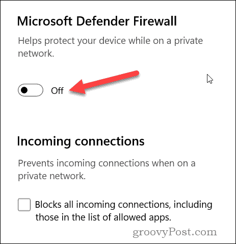 Nonaktifkan penggeser firewall Windows