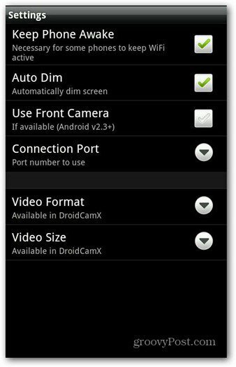 Pengaturan aplikasi Android DroidCam