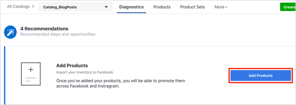 Klik tombol Add Products untuk menambahkan produk ke katalog Facebook Anda.