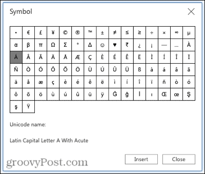 Simbol untuk tanda aksen di Word di web