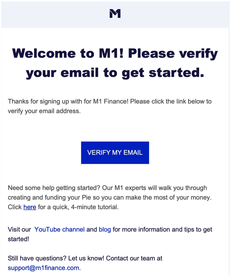 M1 Finance memverifikasi email