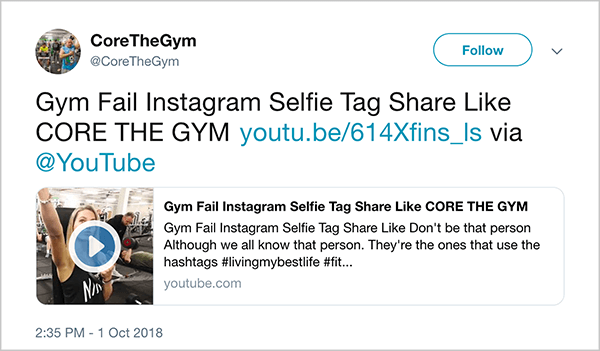 Ini adalah tangkapan layar tweet dari @CoreTheGym. Kicauan tersebut mengatakan "Gym Gagal, INstagram, Selfie Tag Bagikan Suka CORE THE GYM" dan tautan ke video YouTube. Deskripsi videonya adalah “Jangan seperti orang itu. Meskipun kita semua tahu orang itu. Merekalah yang menggunakan hashtag #livingmybestlife ”. Tautan untuk video tersebut adalah youtu.be/614Xfins_ls.