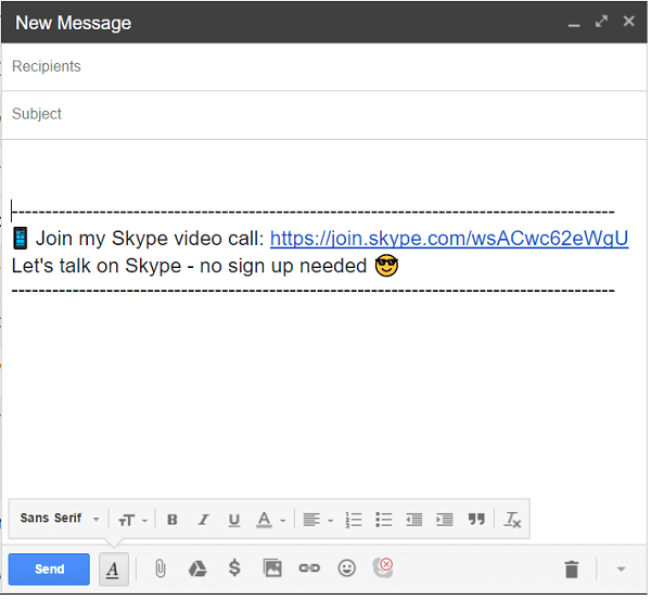Klik ikon Skype di bagian bawah email Anda untuk menambahkan tautan panggilan.