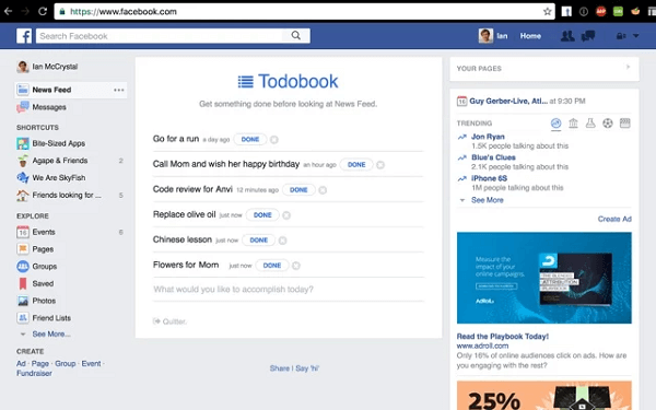 Todobook memblokir umpan berita Facebook Anda sampai Anda menyelesaikan prioritas Anda untuk hari itu.