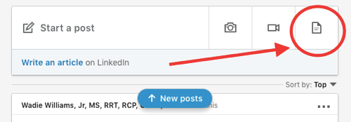 Posting berbagi dokumen LinkedIn, unggah dokumen ke posting organik langkah 1, tambahkan ikon dokumen baru