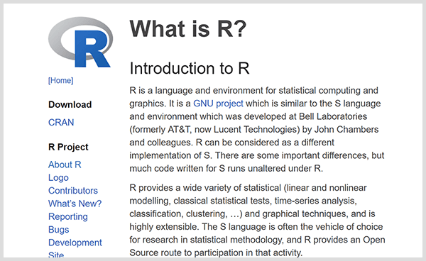 Buat alat analitik prediktif Anda sendiri dengan bahasa pemrograman R. Tangkapan layar dari halaman web pengenalan R. 